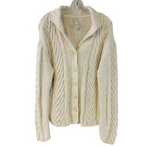 J. Jill Handknit Fisherman Cable Knit Cardigan Sweater Ivory Size M Soft Cozy